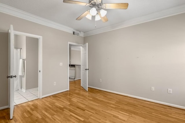 unfurnished bedroom featuring crown molding, ceiling fan, and light wood-type flooring