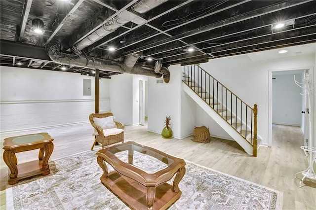 interior space with electric panel and wood-type flooring