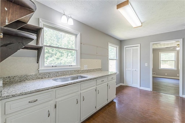 kitchen with a wealth of natural light, dark wood-type flooring, white cabinets, and a textured ceiling