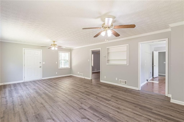 unfurnished living room featuring crown molding, ceiling fan, a textured ceiling, and dark hardwood / wood-style flooring