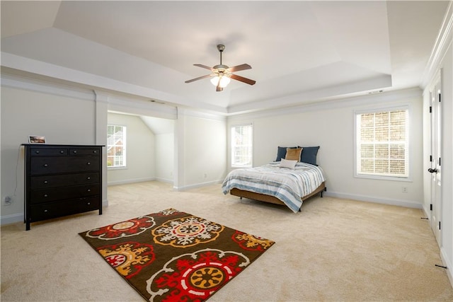 1076 Scenic Park Trl, Lawrenceville, GA 30046 - bedroom featuring a tray ceiling, carpet, baseboards, and a ceiling fan