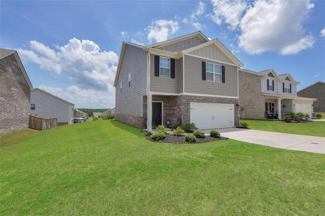 view of front facade with board and batten siding, a front yard, driveway, and an attached garage