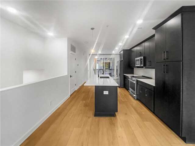 kitchen featuring stainless steel appliances, light hardwood / wood-style floors, decorative backsplash, sink, and an island with sink