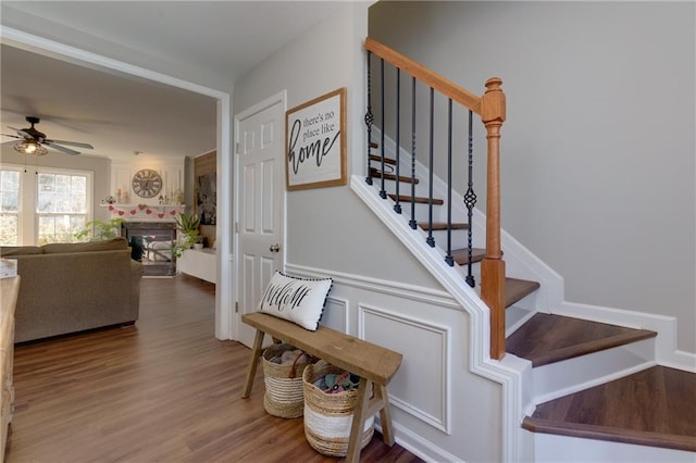 staircase featuring hardwood / wood-style floors and ceiling fan