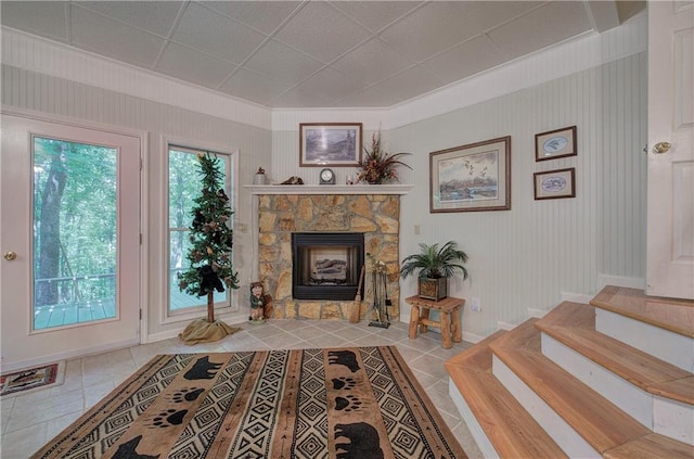 interior space featuring tile patterned flooring and a fireplace