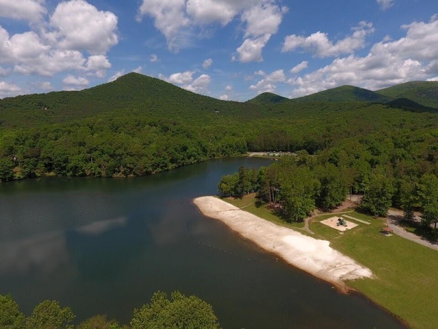 aerial view featuring a water and mountain view