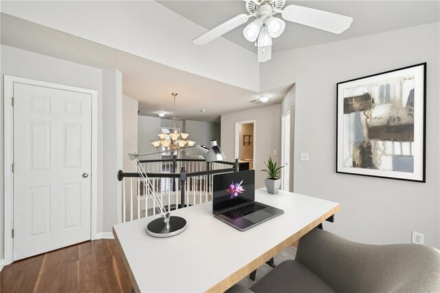 2726 Pierce Brennen Ct, Lawrenceville, GA 30043 - office area with dark wood finished floors and ceiling fan with notable chandelier