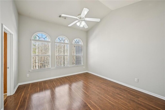 2726 Pierce Brennen Ct, Lawrenceville, GA 30043 - unfurnished room featuring a ceiling fan, wood finished floors, visible vents, baseboards, and vaulted ceiling
