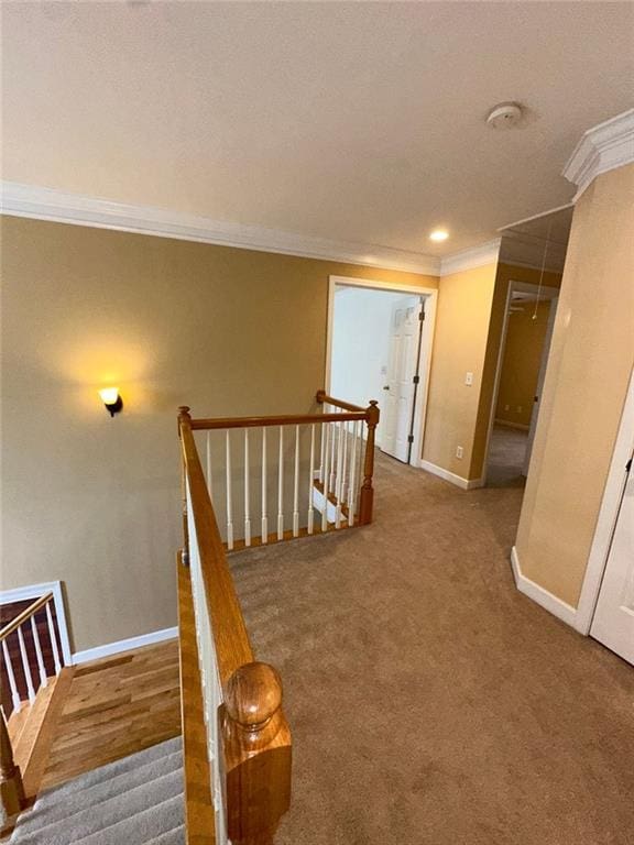 3381 Walkers Ridge Rd, Dacula, GA 30019 - hall featuring an upstairs landing, crown molding, baseboards, carpet floors, and recessed lighting