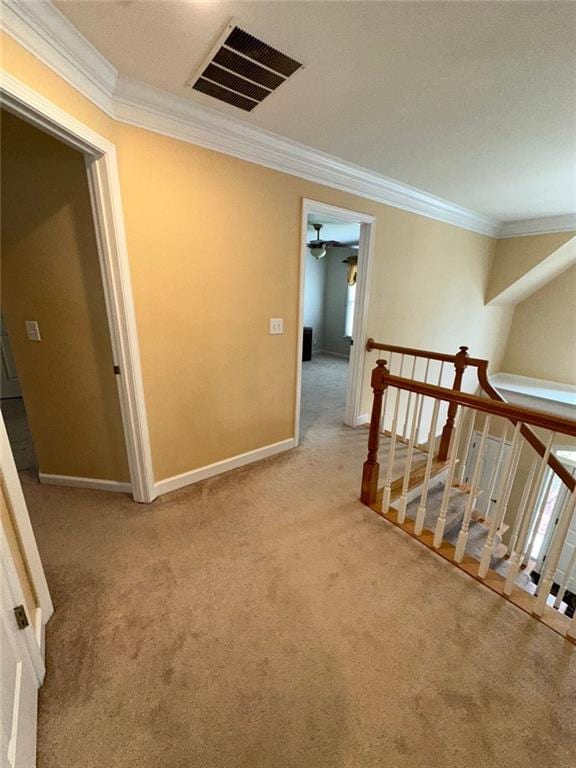 3381 Walkers Ridge Rd, Dacula, GA 30019 - corridor featuring carpet flooring, crown molding, an upstairs landing, and baseboards