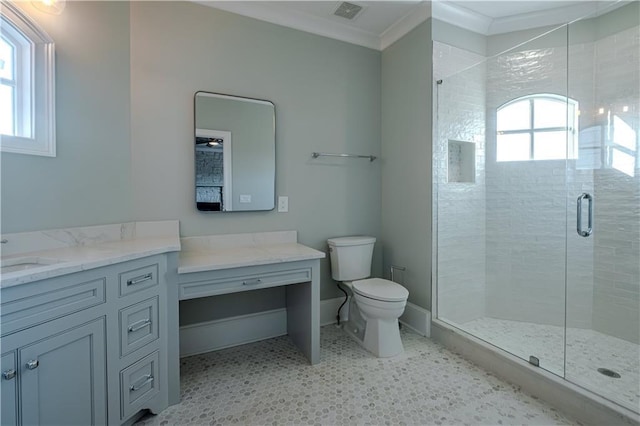 bathroom featuring vanity, toilet, a shower stall, visible vents, and ornamental molding