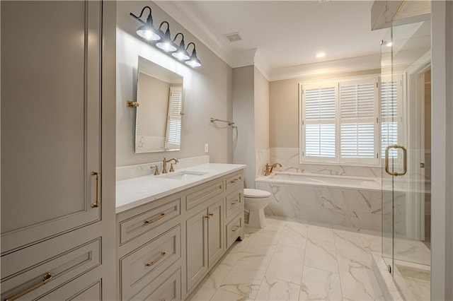 full bath featuring vanity, ornamental molding, marble finish floor, a bath, and a marble finish shower