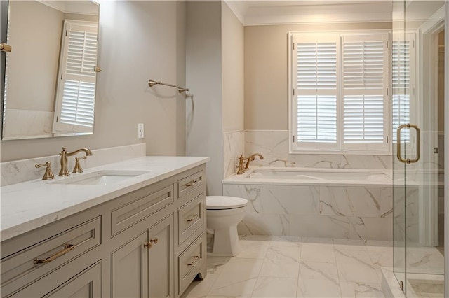 full bathroom with crown molding, vanity, a marble finish shower, marble finish floor, and a bath