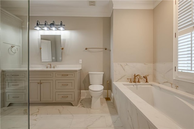 full bathroom featuring crown molding, a garden tub, toilet, and vanity