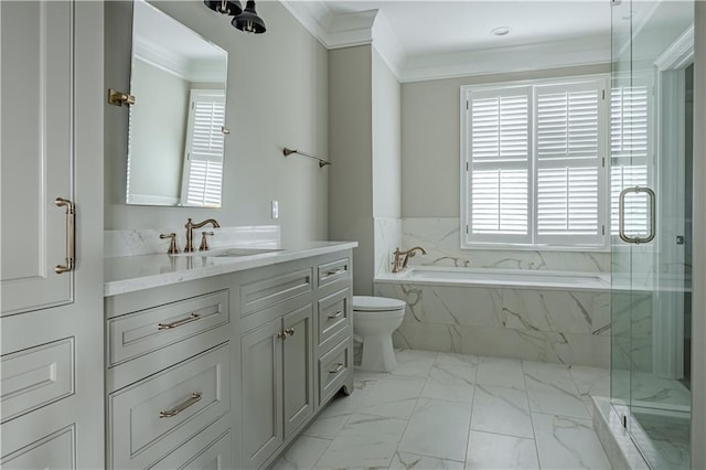 bathroom featuring crown molding, vanity, marble finish floor, a bath, and a marble finish shower