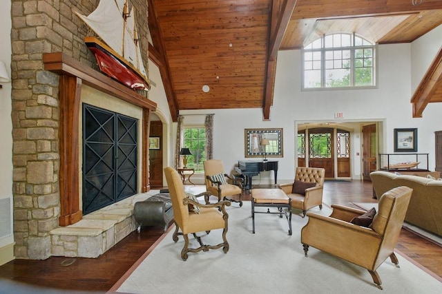 6756 Hedge Row Ln, Gainesville, GA 30506 - living area with wooden ceiling, high vaulted ceiling, and wood finished floors