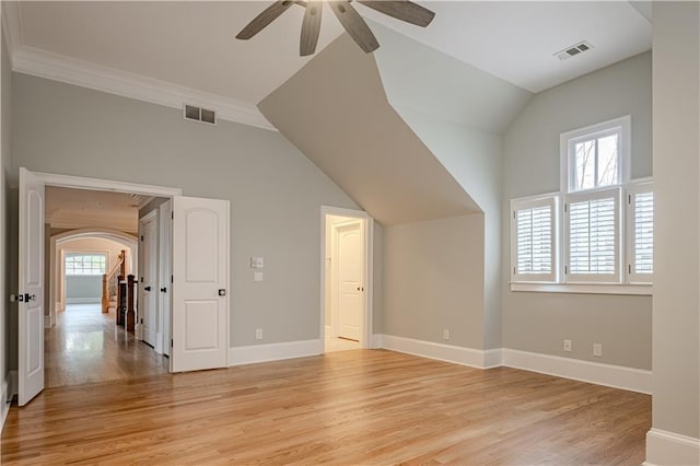 bonus room featuring a ceiling fan, visible vents, and light wood-type flooring