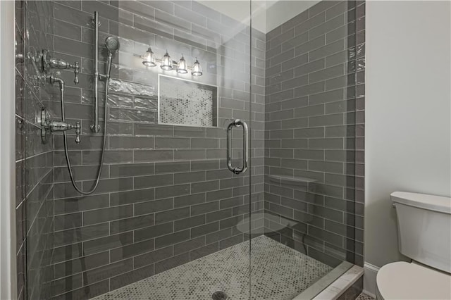 full bathroom featuring toilet and a shower stall