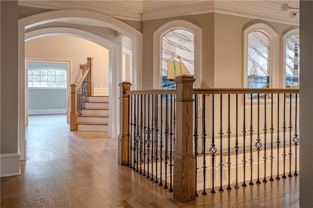 hallway with crown molding, baseboards, and wood finished floors