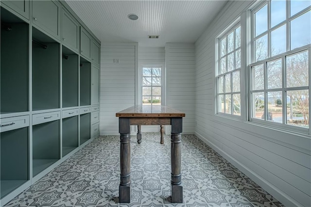 unfurnished office featuring visible vents, wooden walls, and a wealth of natural light