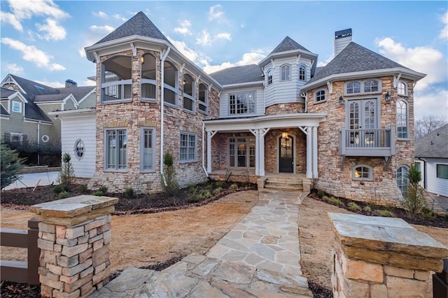 view of front of house featuring a porch, a chimney, and stone siding