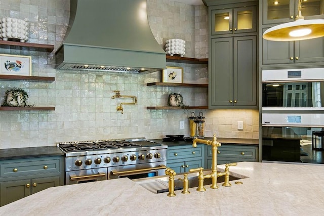 6756 Hedge Row Ln, Gainesville, GA 30506 - kitchen featuring custom exhaust hood, range with two ovens, open shelves, and decorative backsplash