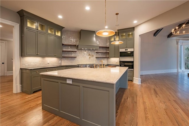 kitchen featuring premium range hood, decorative backsplash, open shelves, and baseboards