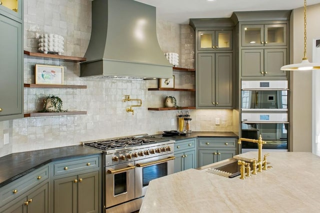 6756 Hedge Row Ln, Gainesville, GA 30506 - kitchen featuring custom range hood, range with two ovens, open shelves, double oven, and tasteful backsplash