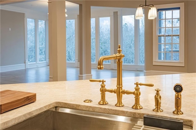 room details featuring hanging light fixtures, wood finished floors, a sink, a notable chandelier, and ornamental molding