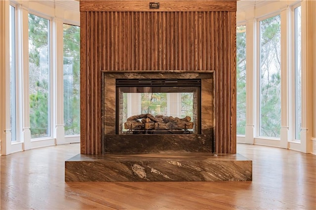 interior details with a multi sided fireplace and wood finished floors