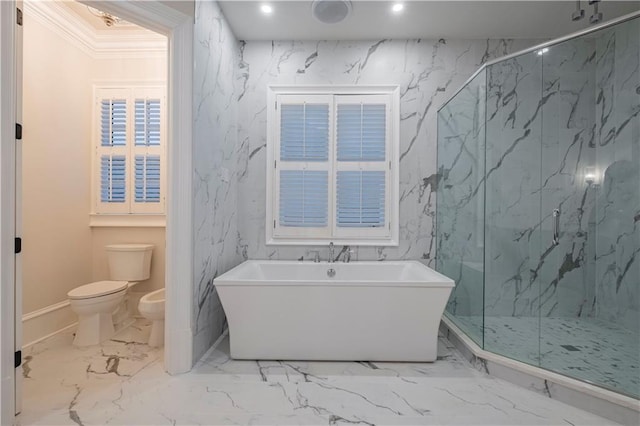 full bath with a freestanding bath, a marble finish shower, ornamental molding, and toilet