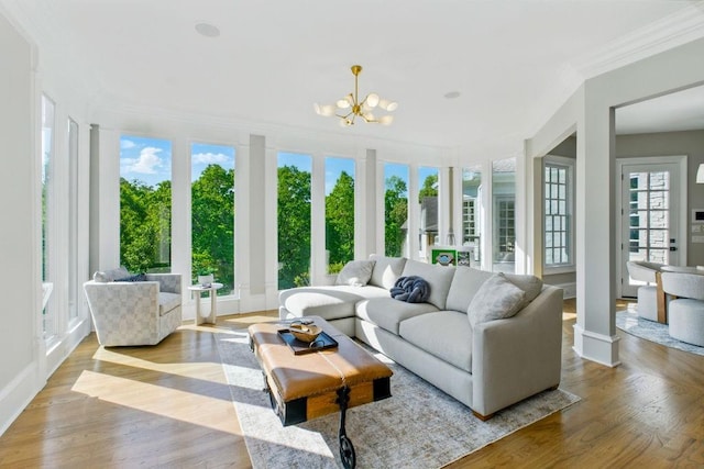 6756 Hedge Row Ln, Gainesville, GA 30506 - sunroom / solarium featuring crown molding, plenty of natural light, wood finished floors, a chandelier, and baseboards
