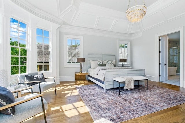 6756 Hedge Row Ln, Gainesville, GA 30506 - bedroom with coffered ceiling, crown molding, multiple windows, a chandelier, and baseboards
