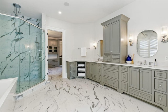 6756 Hedge Row Ln, Gainesville, GA 30506 - bathroom featuring a marble finish shower, double vanity, marble finish floors, a tub to relax in, and a closet