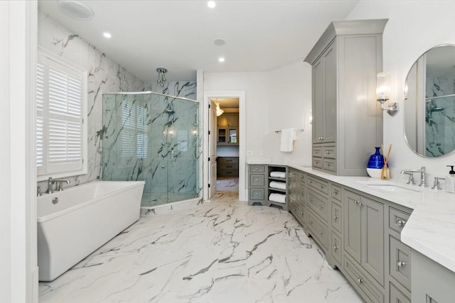 6756 Hedge Row Ln, Gainesville, GA 30506 - bathroom with a marble finish shower, vanity, marble look tiles, a soaking tub, and recessed lighting