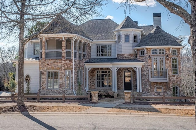 view of front of property with a standing seam roof, metal roof, a chimney, fence private yard, and stone siding