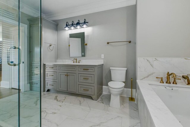 6756 Hedge Row Ln, Gainesville, GA 30506 - bathroom with toilet, vanity, a garden tub, a shower stall, and marble look tiles