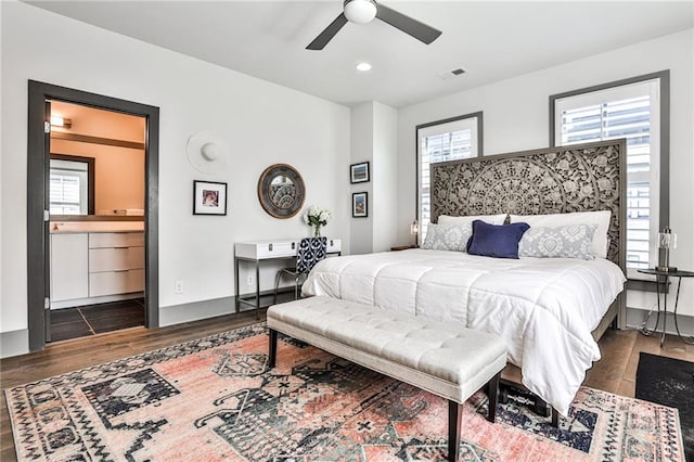 bedroom featuring recessed lighting, visible vents, a ceiling fan, wood finished floors, and baseboards