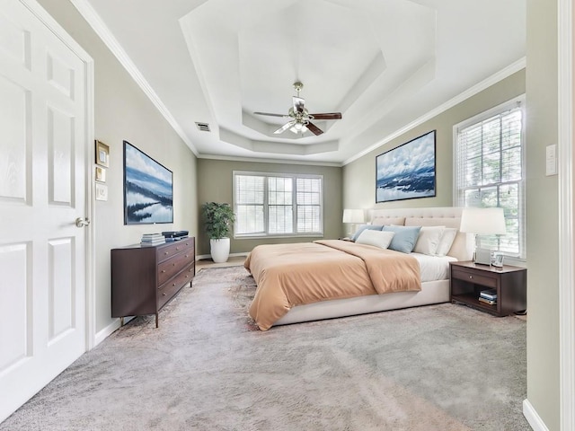 4601 Ethel Springs Trl SW, Mableton, GA 30126 - bedroom featuring a raised ceiling, carpet floors, crown molding, baseboards, and ceiling fan