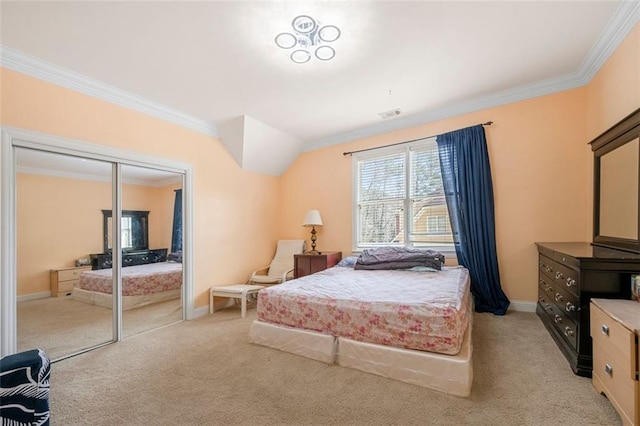 bedroom with light carpet, baseboards, and ornamental molding