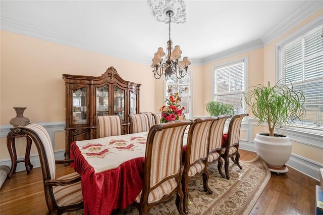 dining room featuring crown molding, a chandelier, a wealth of natural light, and wood finished floors