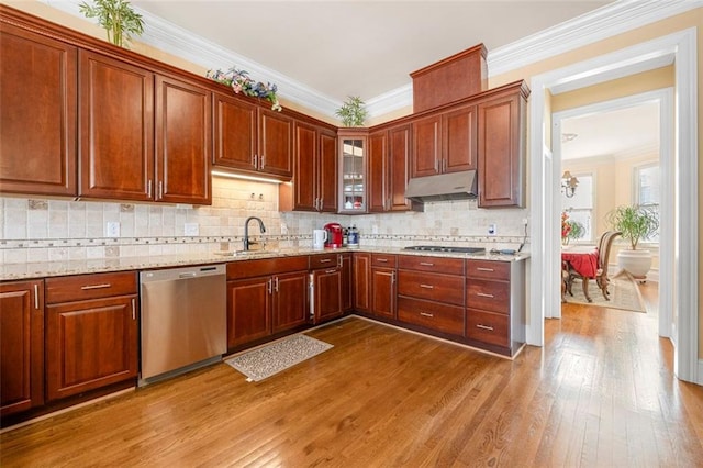 kitchen with dark wood finished floors, stainless steel appliances, decorative backsplash, a sink, and under cabinet range hood