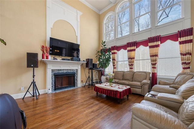 living room featuring baseboards, ornamental molding, wood finished floors, a high ceiling, and a fireplace