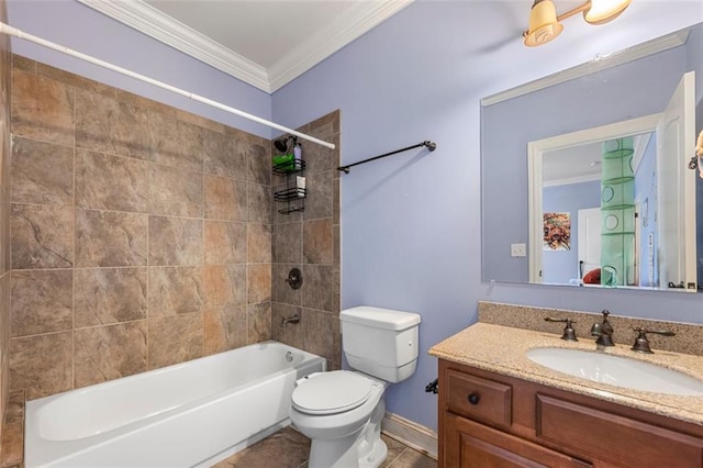 full bath featuring tile patterned flooring, toilet, vanity, tub / shower combination, and crown molding