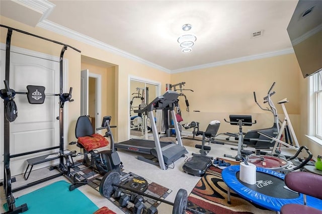 exercise room featuring visible vents, ornamental molding, and carpet flooring