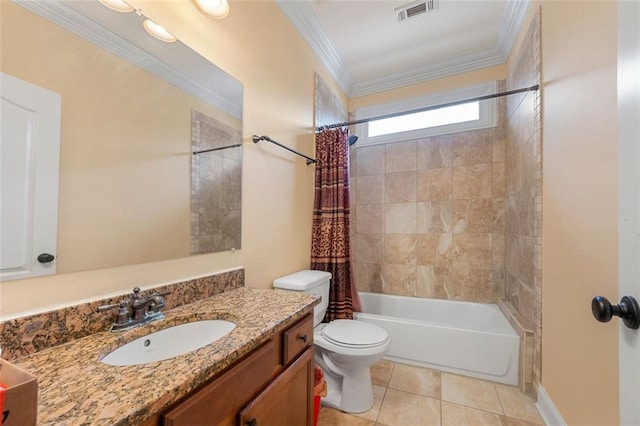 bathroom with crown molding, visible vents, toilet, shower / bath combo with shower curtain, and vanity