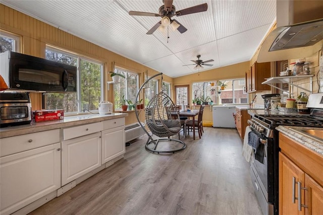 kitchen featuring a wealth of natural light, light wood-style flooring, black microwave, and stainless steel range with gas stovetop