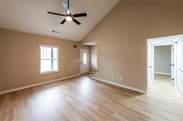 unfurnished living room featuring ceiling fan, high vaulted ceiling, and light hardwood / wood-style floors