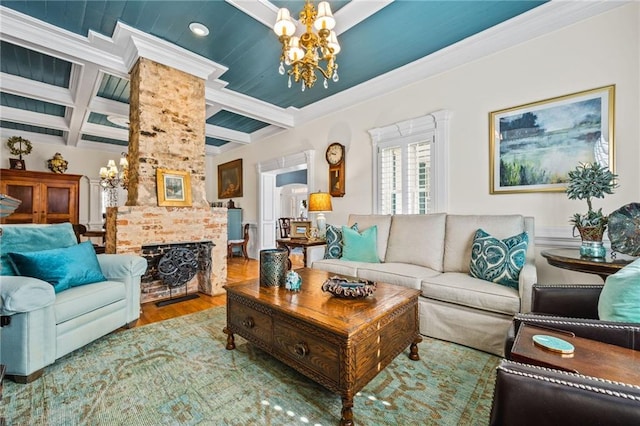 living room featuring wood finished floors, coffered ceiling, crown molding, beamed ceiling, and a chandelier