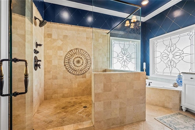 bathroom with tile patterned flooring, crown molding, walk in shower, a bath, and tile walls